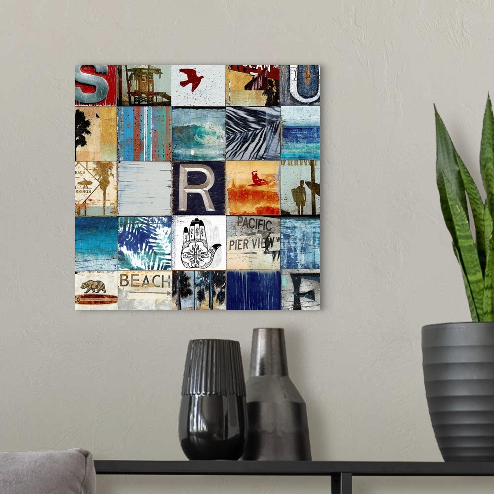 A modern room featuring 25 beach themed squares in rows  with 4 squares having a letter to spell out "Surf"
