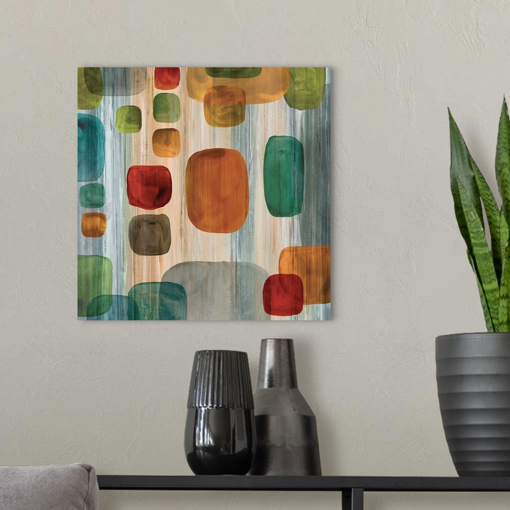 A modern room featuring Square abstract art with a vertical lined background and colorful geometric shapes on top in vari...