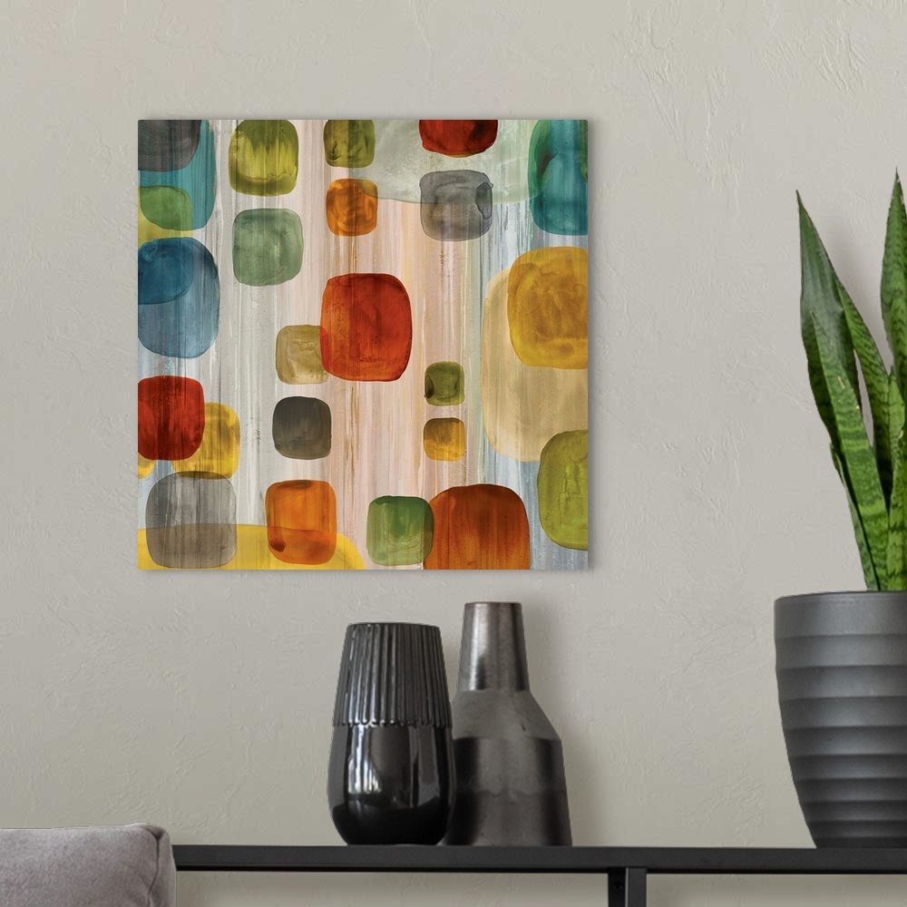 A modern room featuring Square abstract art with a vertical lined background and colorful geometric shapes on top in vari...