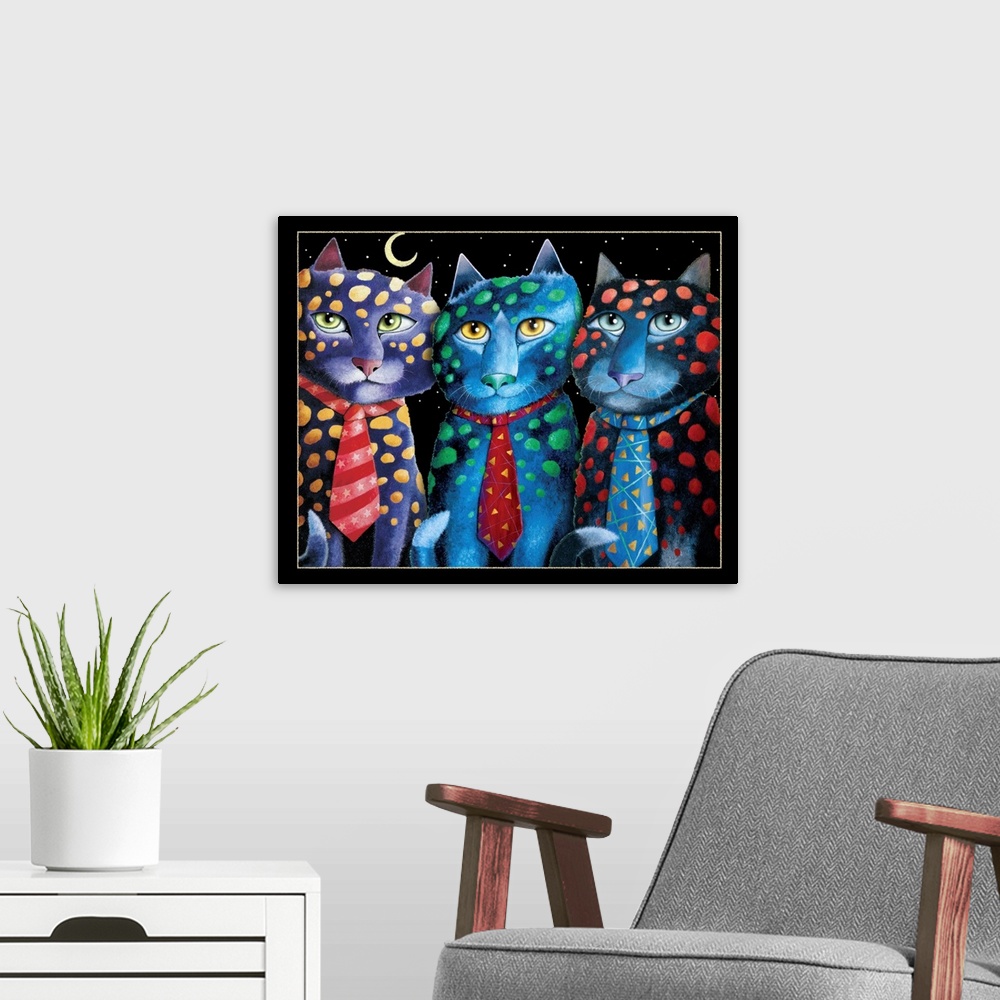 A modern room featuring Illustration of three cats covered in polka dots and wearing fancy ties.