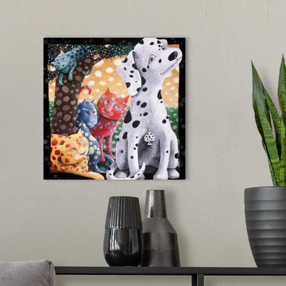 A modern room featuring Square illustration of an uncertain dalmatian sitting next to four spotted cats near a tree.