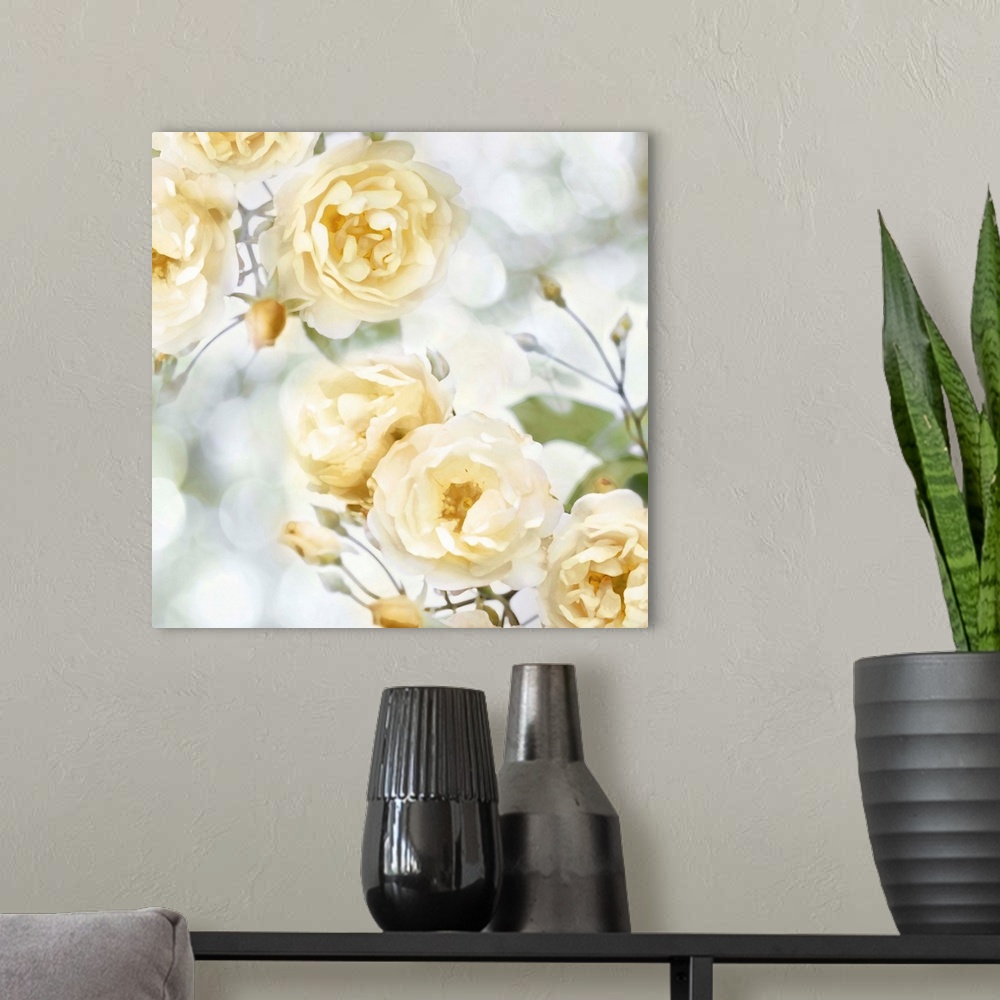 A modern room featuring Decorative artwork featuring soft yellow flowers over a bokeh background.