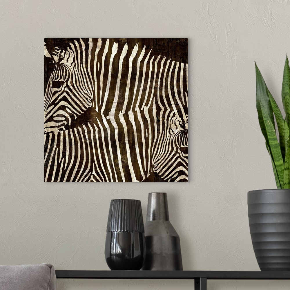A modern room featuring Square wildlife decor with two zebras facing different directions on a brown background.