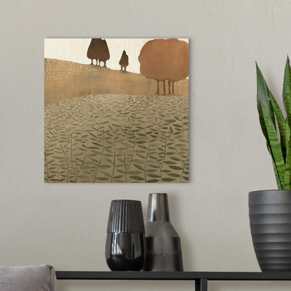 A modern room featuring Complementary painting of a country field of grass with rolling hills and trees done in neutral t...