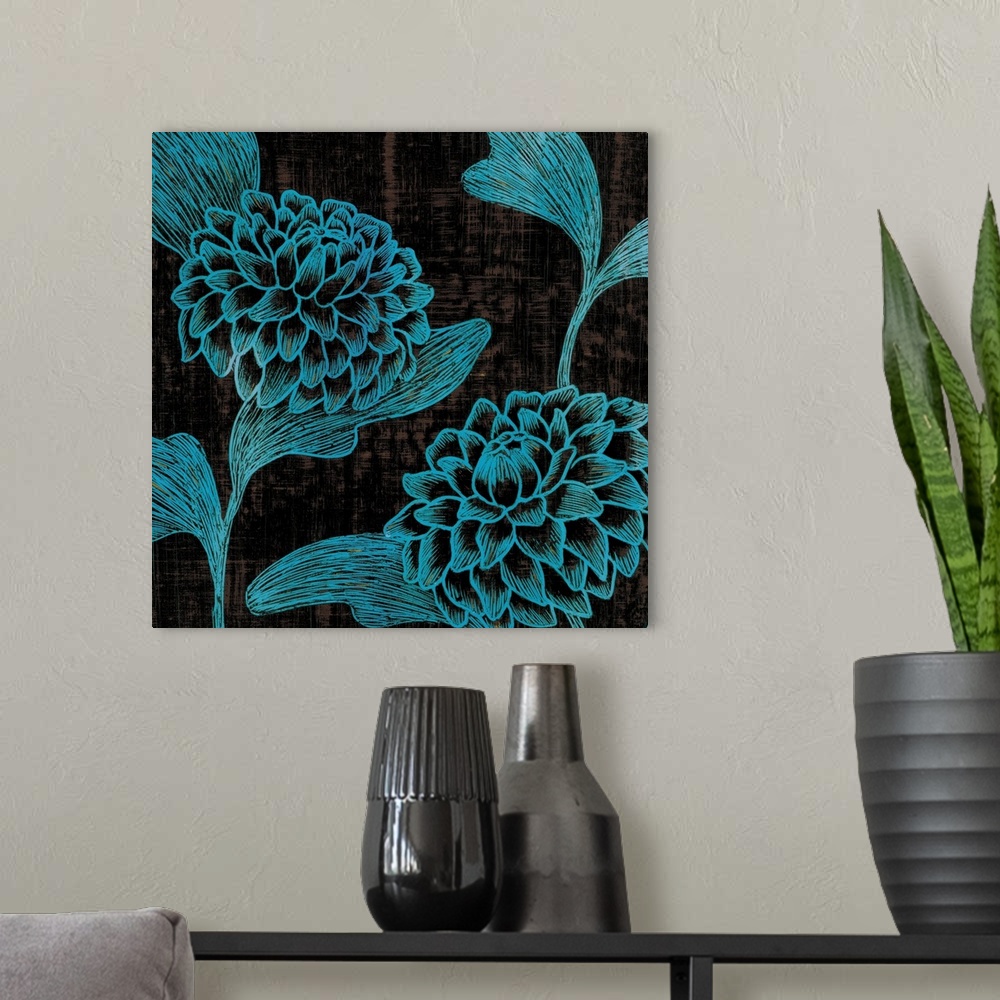 A modern room featuring Square contemporary artwork of flowers done in fine lines of teal against of dark backdrop.