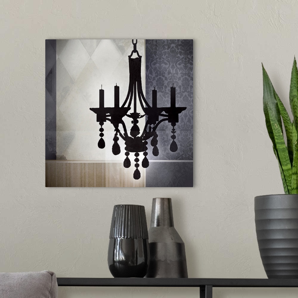 A modern room featuring Square contemporary artwork of a black chandelier against a pattern wall.