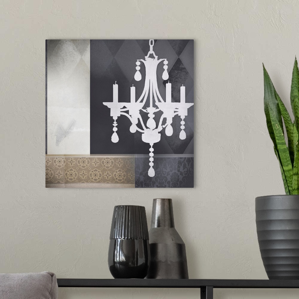 A modern room featuring Square contemporary artwork of a white chandelier against a pattern wall.