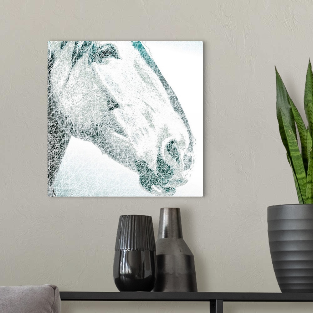 A modern room featuring A square digital illustration of the face of a horse done in shades of blue and gray with white c...