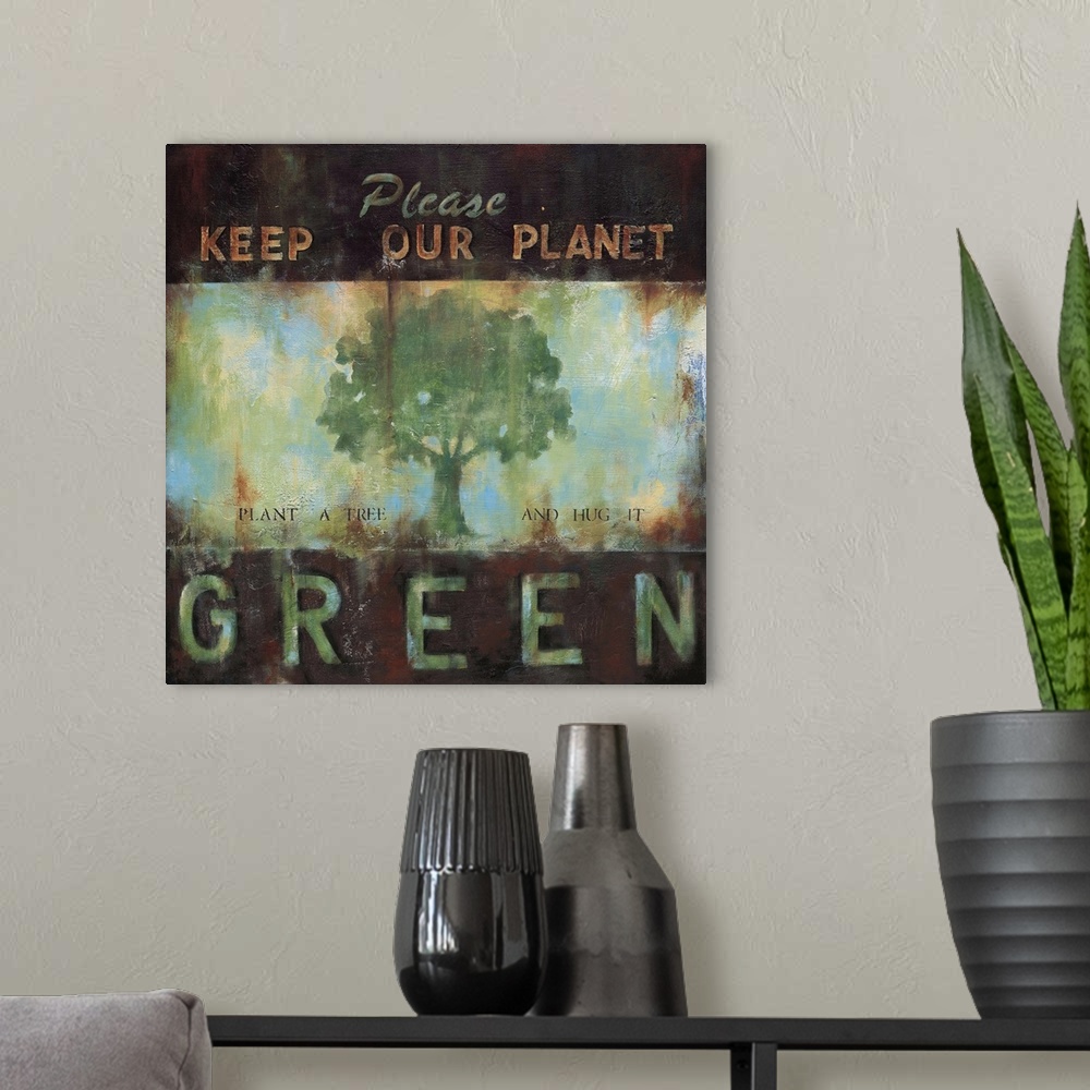 A modern room featuring Design of a green tree with the text "Please Keep Our Planet Green: Plant A Tree And Hug It" done...