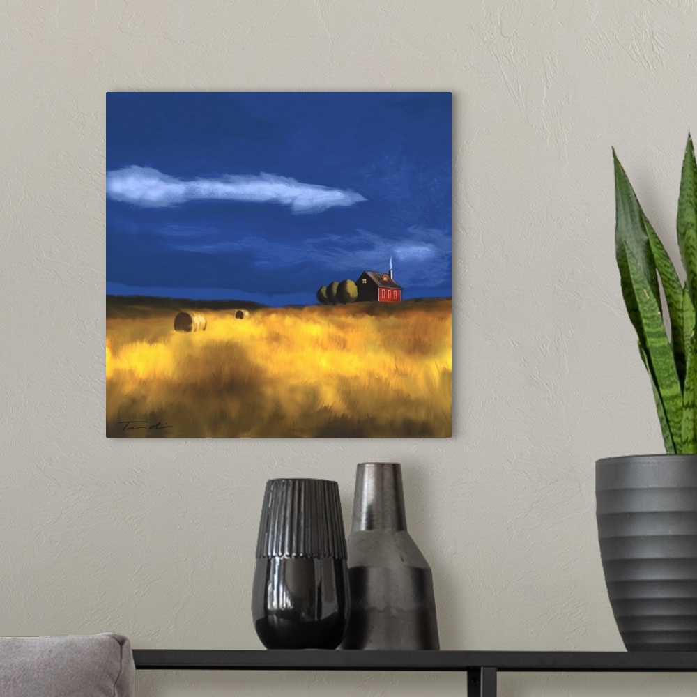 A modern room featuring Painting of a red farmhouse in a wheat field with hay bales.