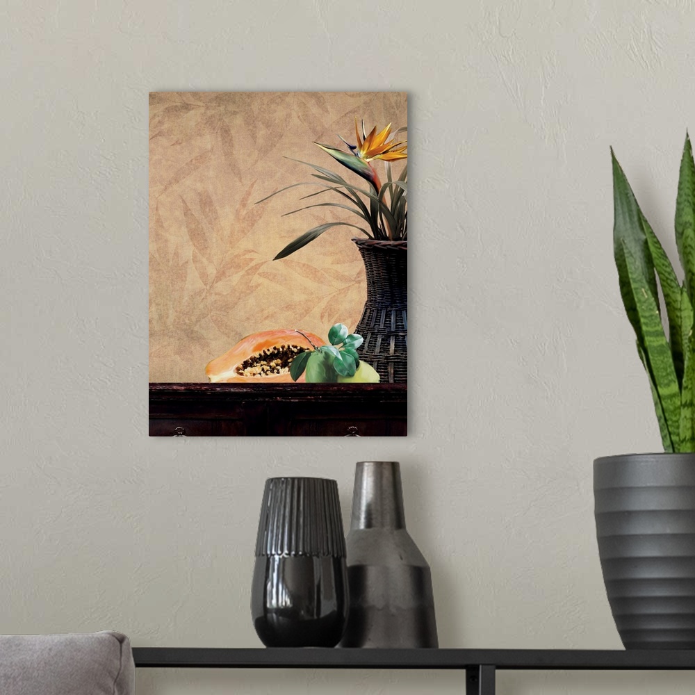A modern room featuring A vertical contemporary painting of papaya and a pear on a table, with a leaf patterned wall.