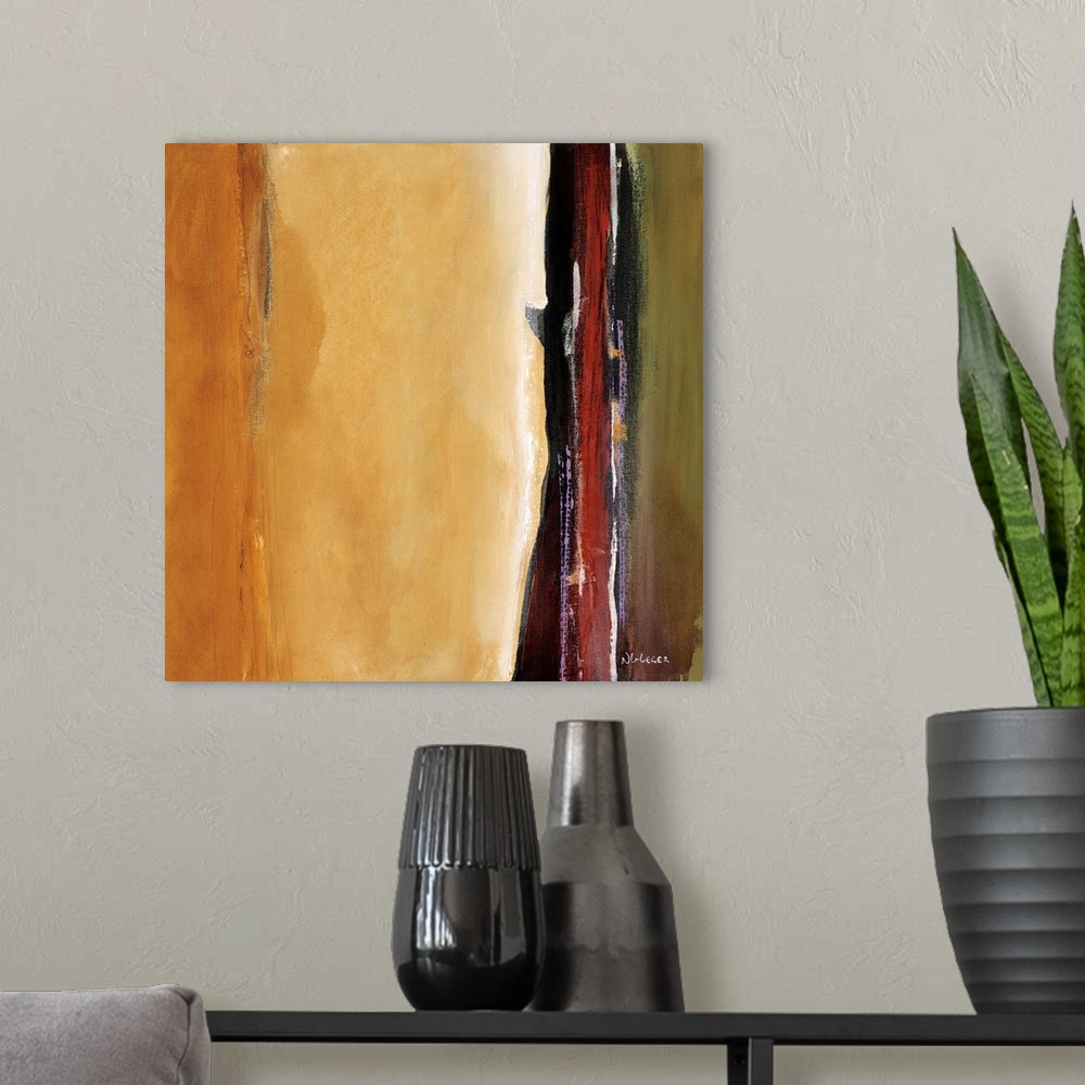 A modern room featuring Square abstract with vertical lines in tones of red, black, gold, and green.