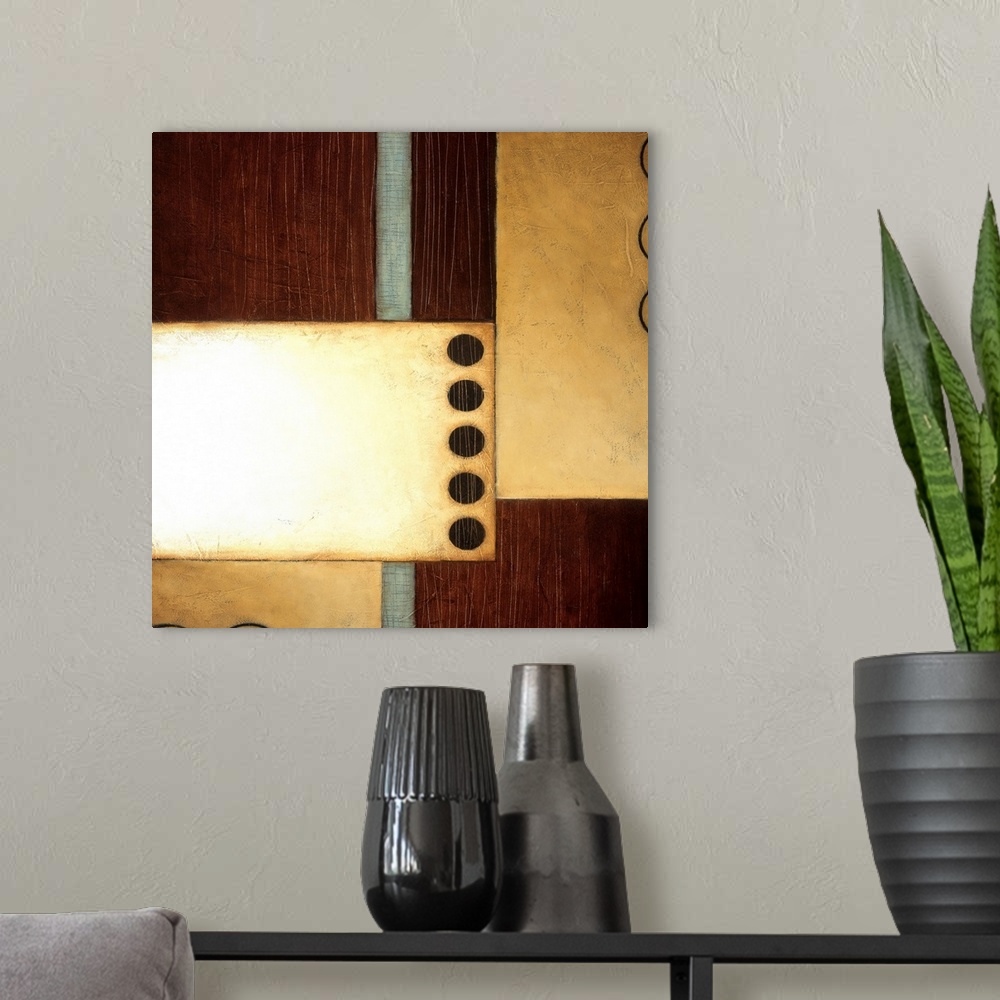 A modern room featuring Abstract painting of squared shapes overlapped with circular elements, all done in earth tones.