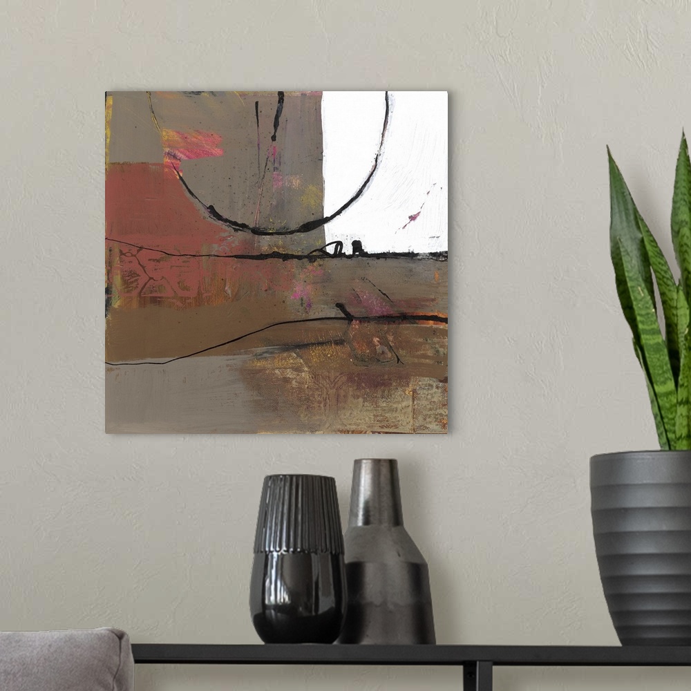 A modern room featuring A square abstract painting in neutral tones with fine black lines and textured strokes.