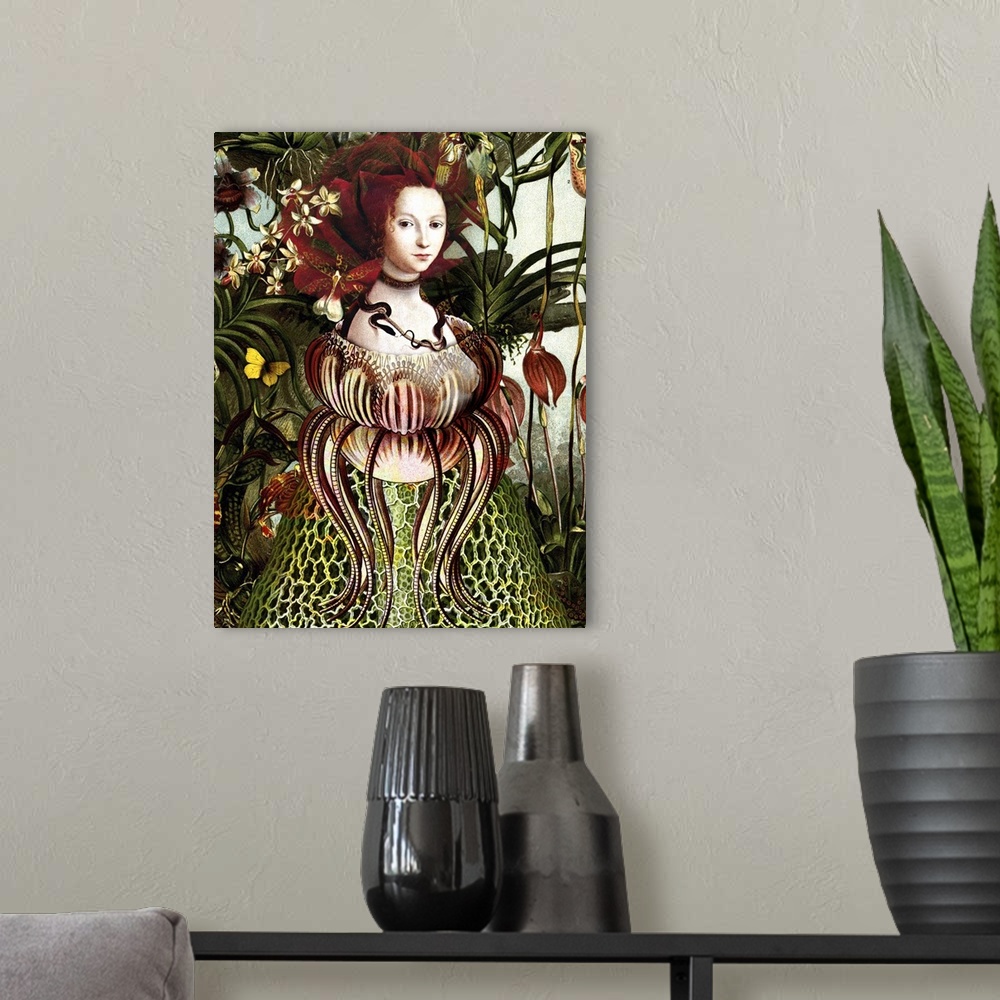 A modern room featuring A woman with a red rose for hair and a snake around her neck, emerging from a flower in a garden.
