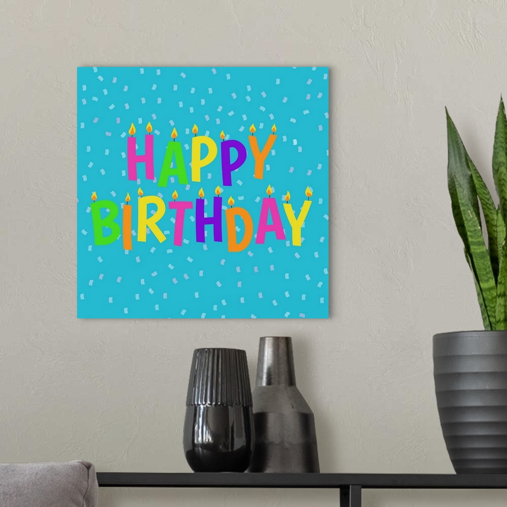 A modern room featuring "Happy Birthday" in colorful candle design on a light blue background with confetti.