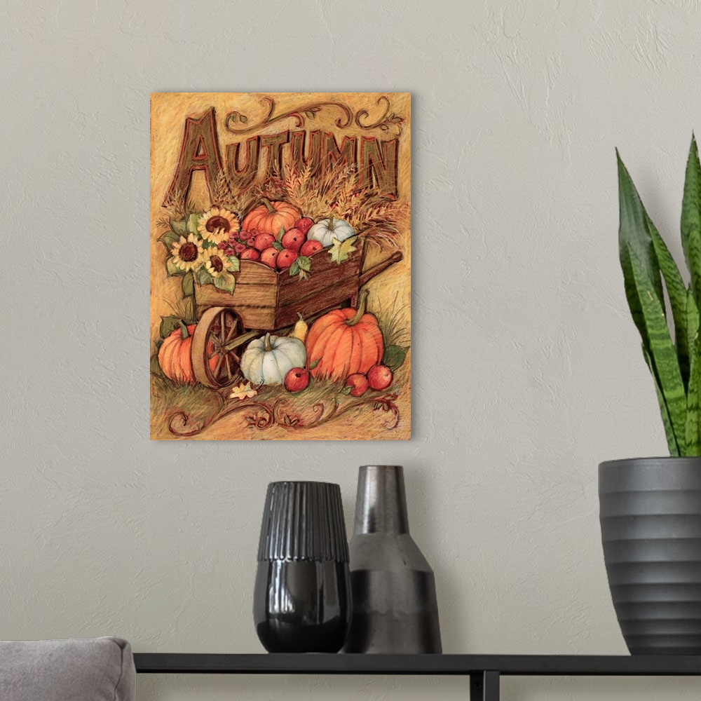A modern room featuring An autumn wheelbarrow will add a classic harvest accent to your home.