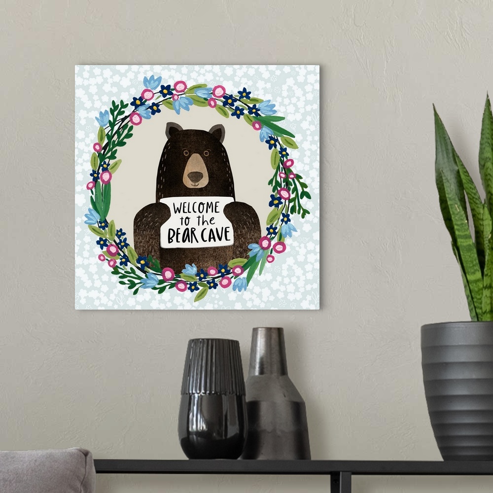 A modern room featuring A perfect piece of art for any Bear Cave in your home!