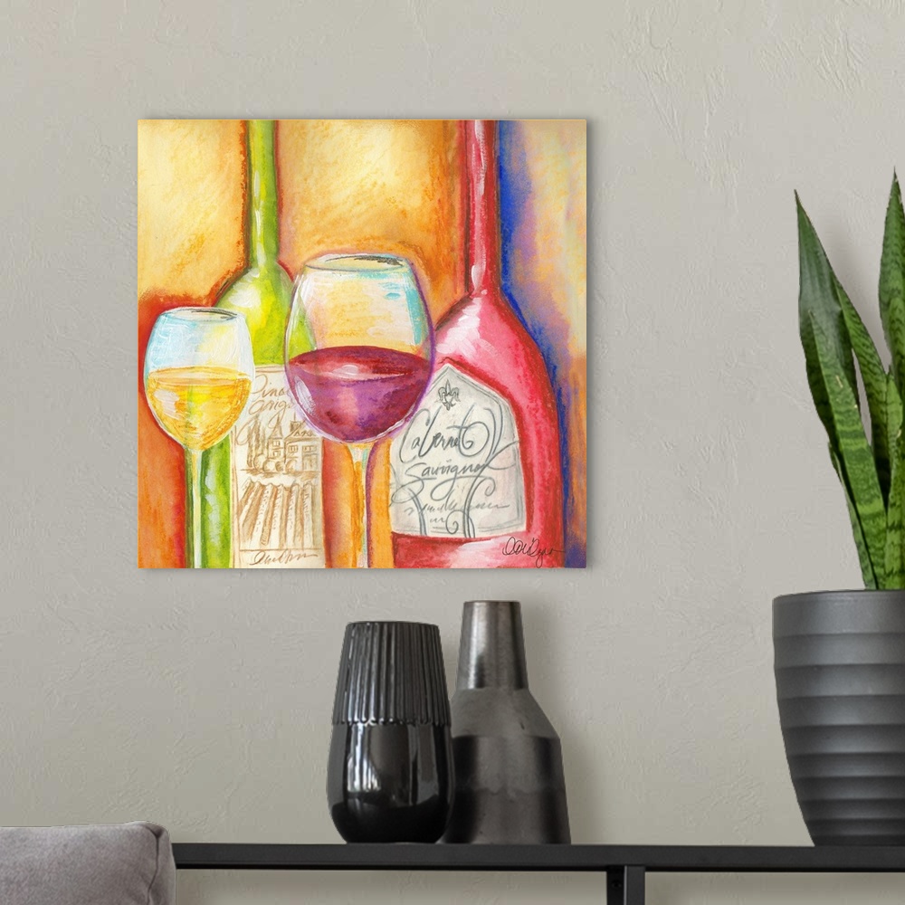 A modern room featuring Bright abstract wine vignette adds splash to any decor!