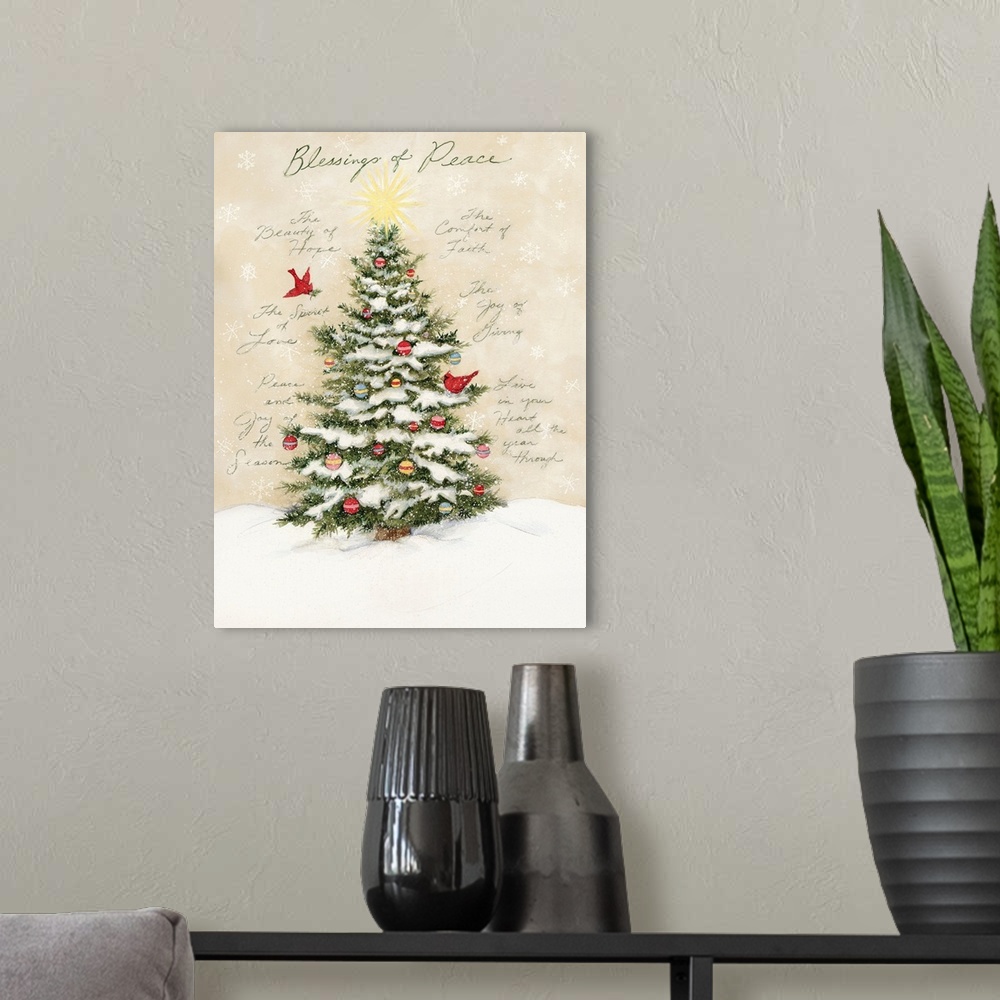 A modern room featuring A classic Christmas Tree evokes the holiday spirit