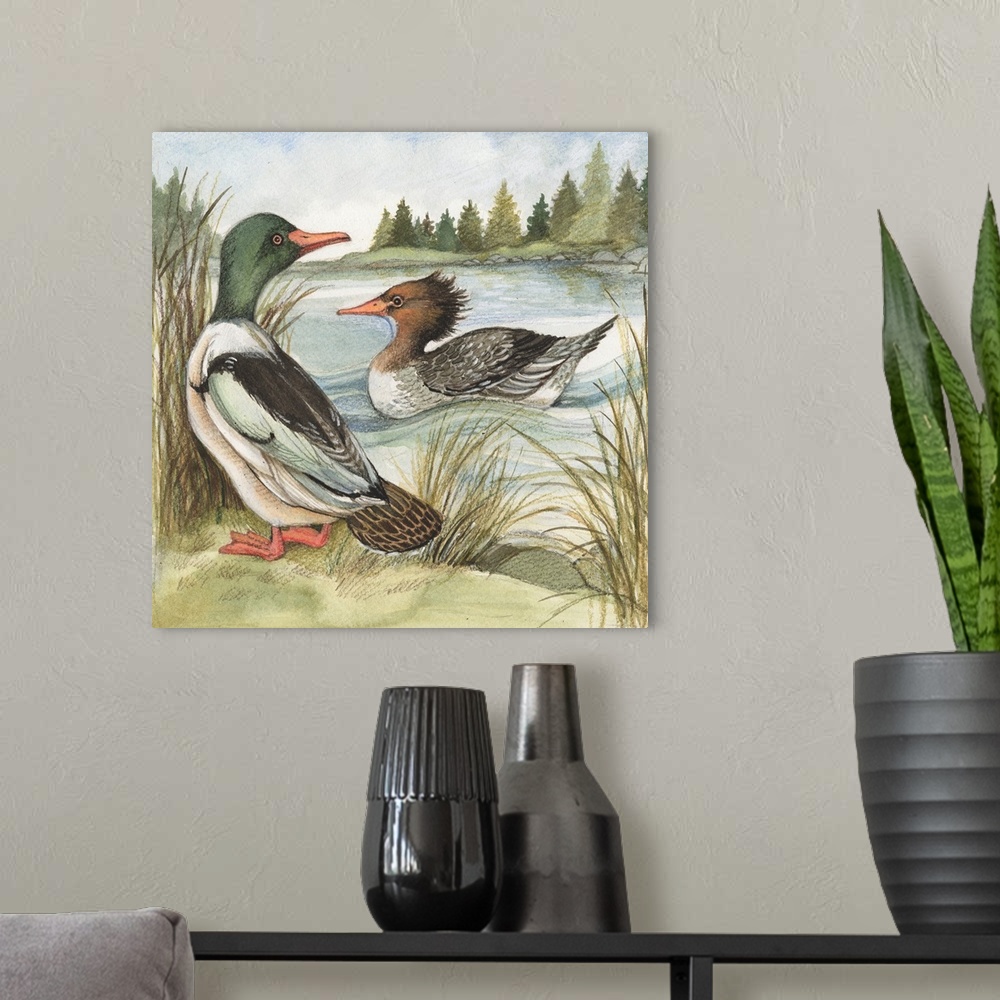 A modern room featuring Lovely painterly treatment of Ducks at the Lake