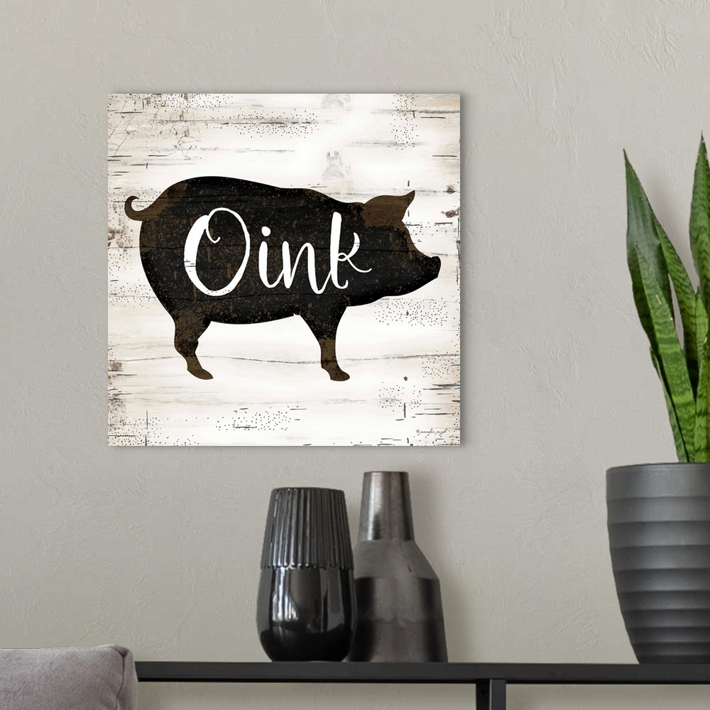 A modern room featuring Rustic art of the silhouette of a pig with script text over it, on a background with an old wood ...