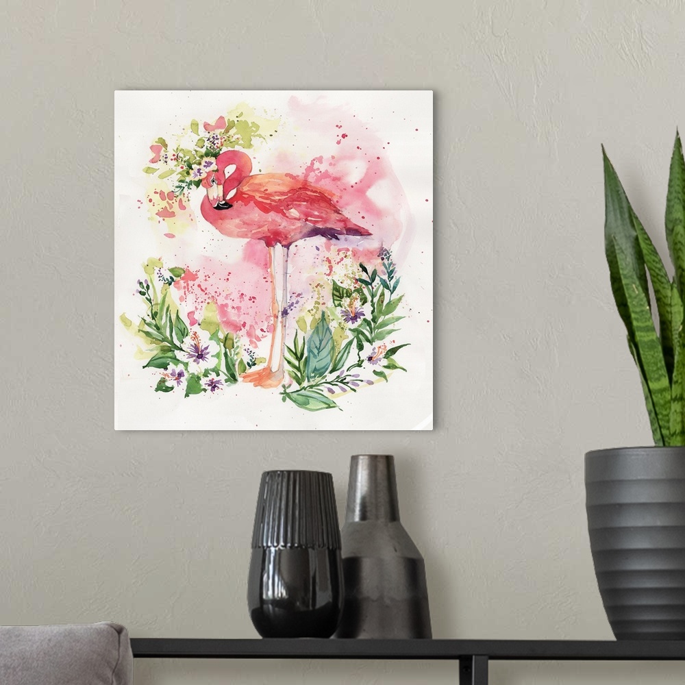 A modern room featuring The classic flamingo is given a colorful and lush treatment