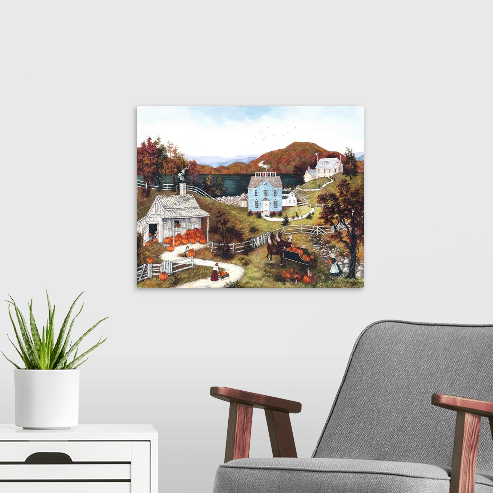 A modern room featuring A contemporary painting of a countryside village scene in autumn.