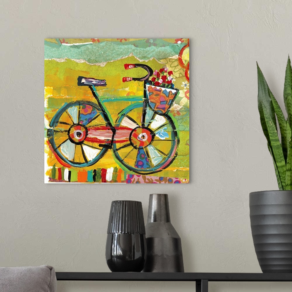 A modern room featuring Square contemporary painting of a bike with flowers in a basket.