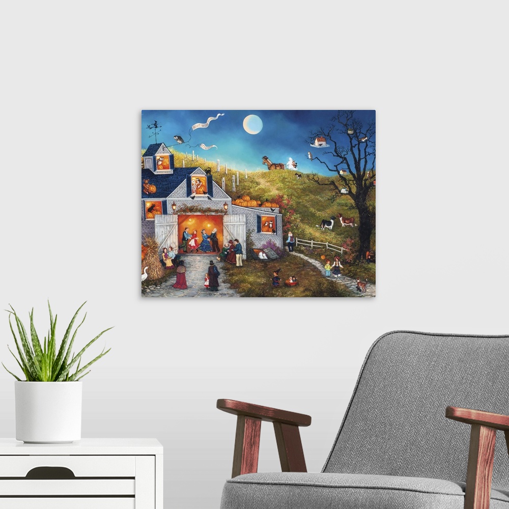 A modern room featuring A contemporary painting of a countryside village scene at Halloween.