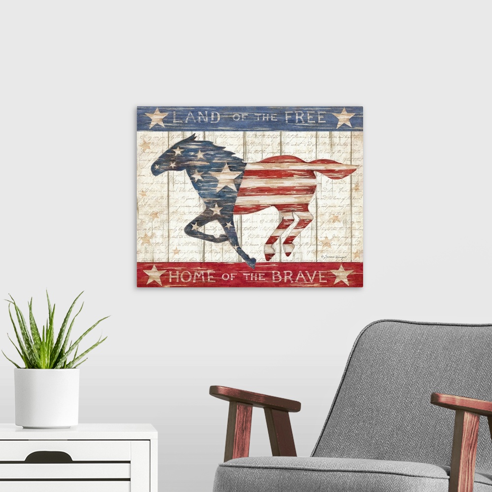 A modern room featuring A patriotic Horse motif for a wonderful country decor.