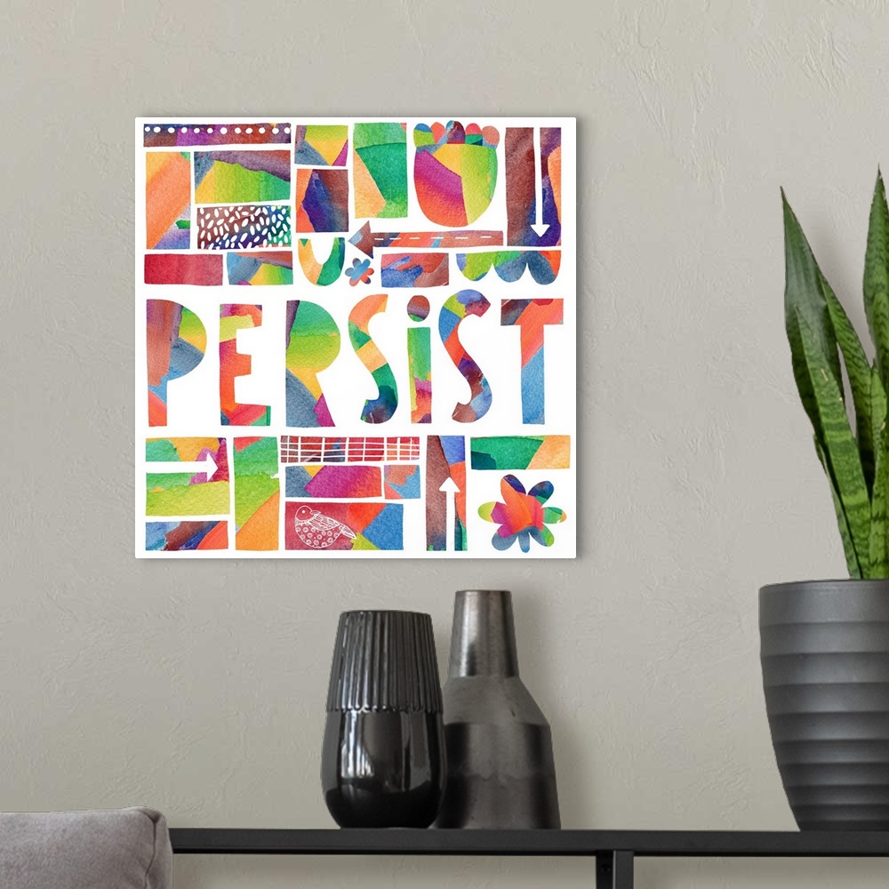 A modern room featuring Bold and impactful message art!  PERSIST