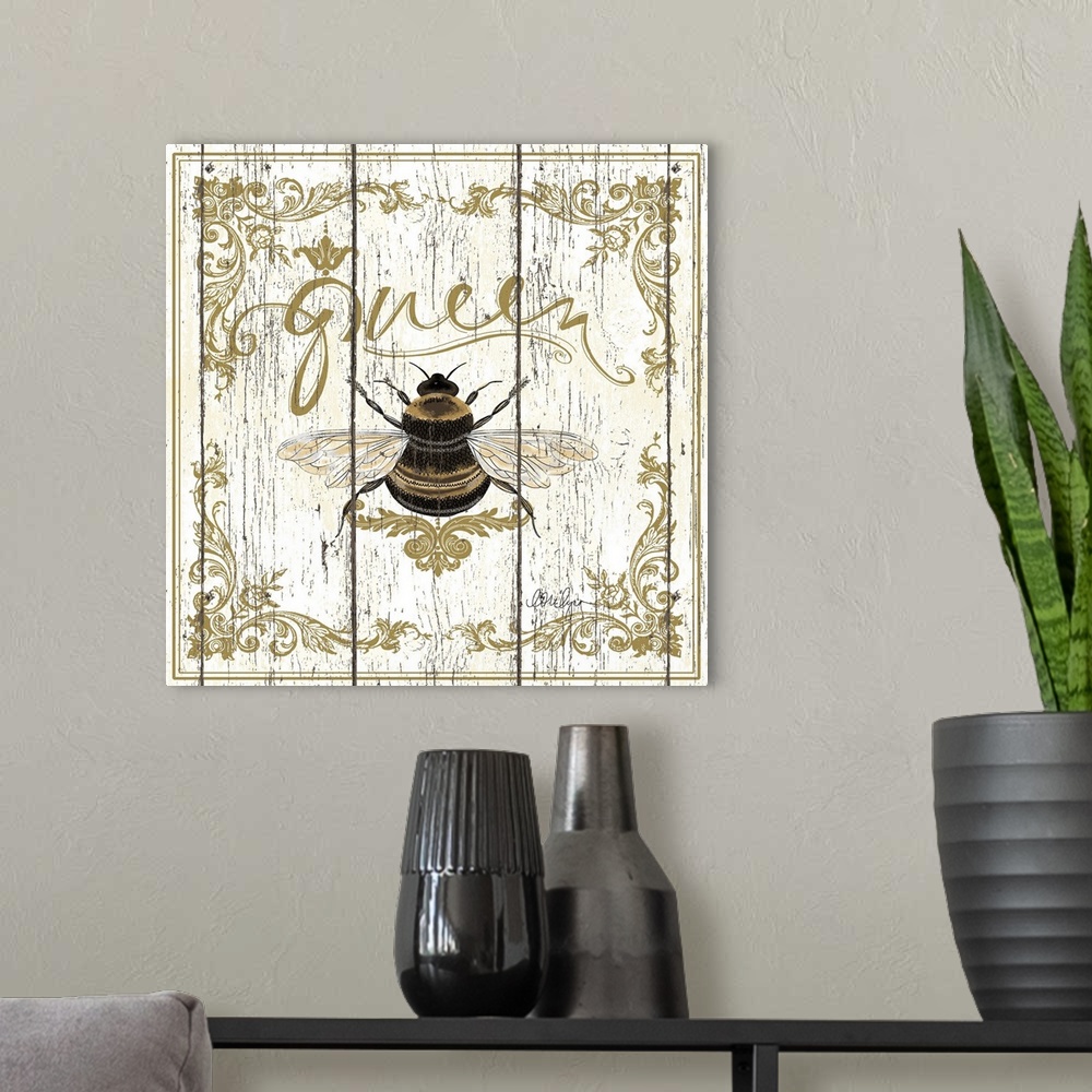 A modern room featuring Bee the queen of your domain with this wonderful art!