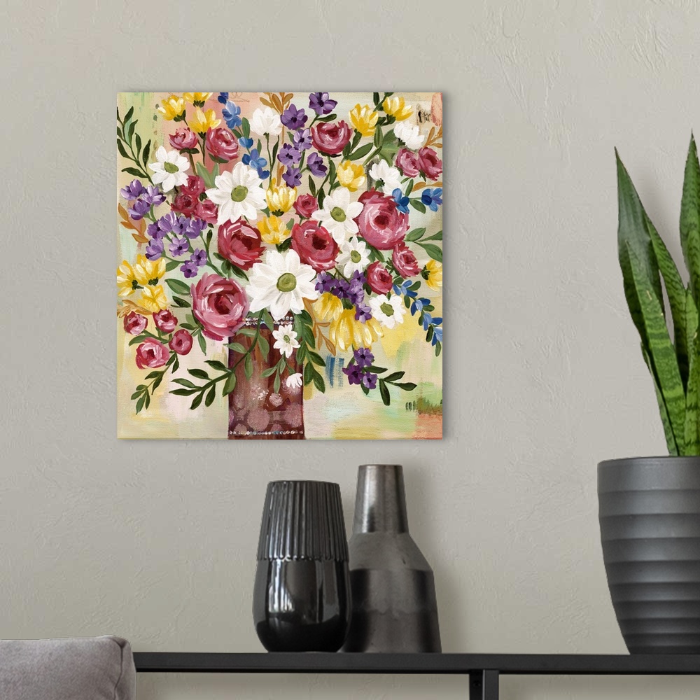 A modern room featuring Lush, dramatic still life of a floral vase fills a wall with beauty and color.