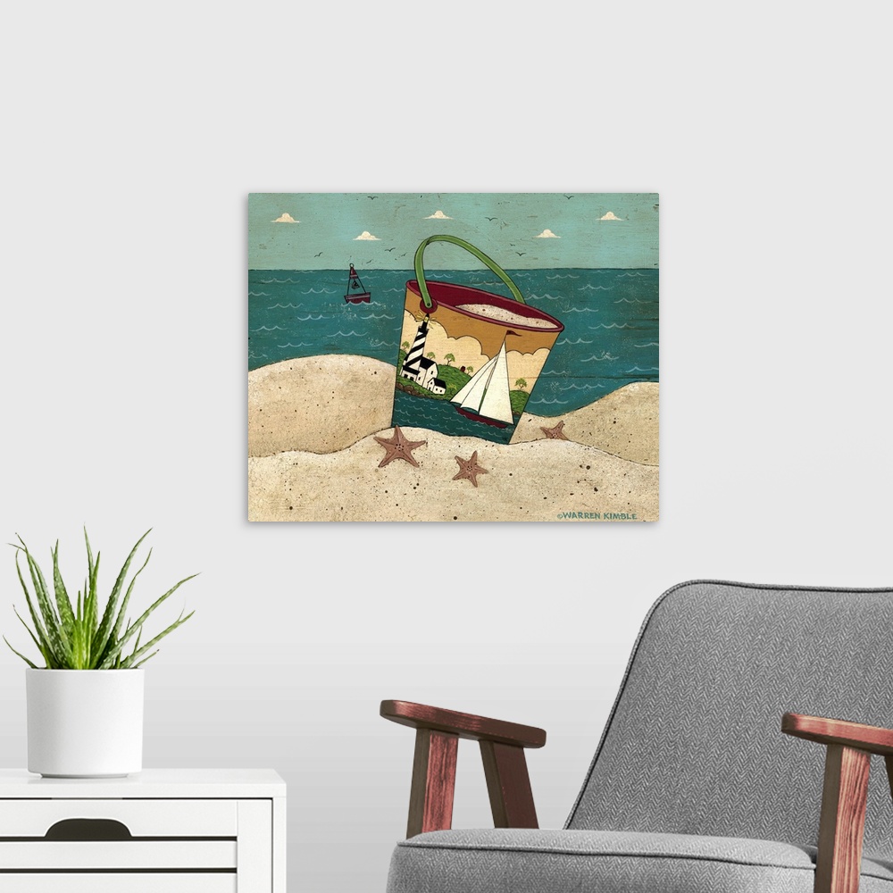 A modern room featuring A whimsical sand pail sits in the sand surrounded by starfish and the ocean drawn just behind it....