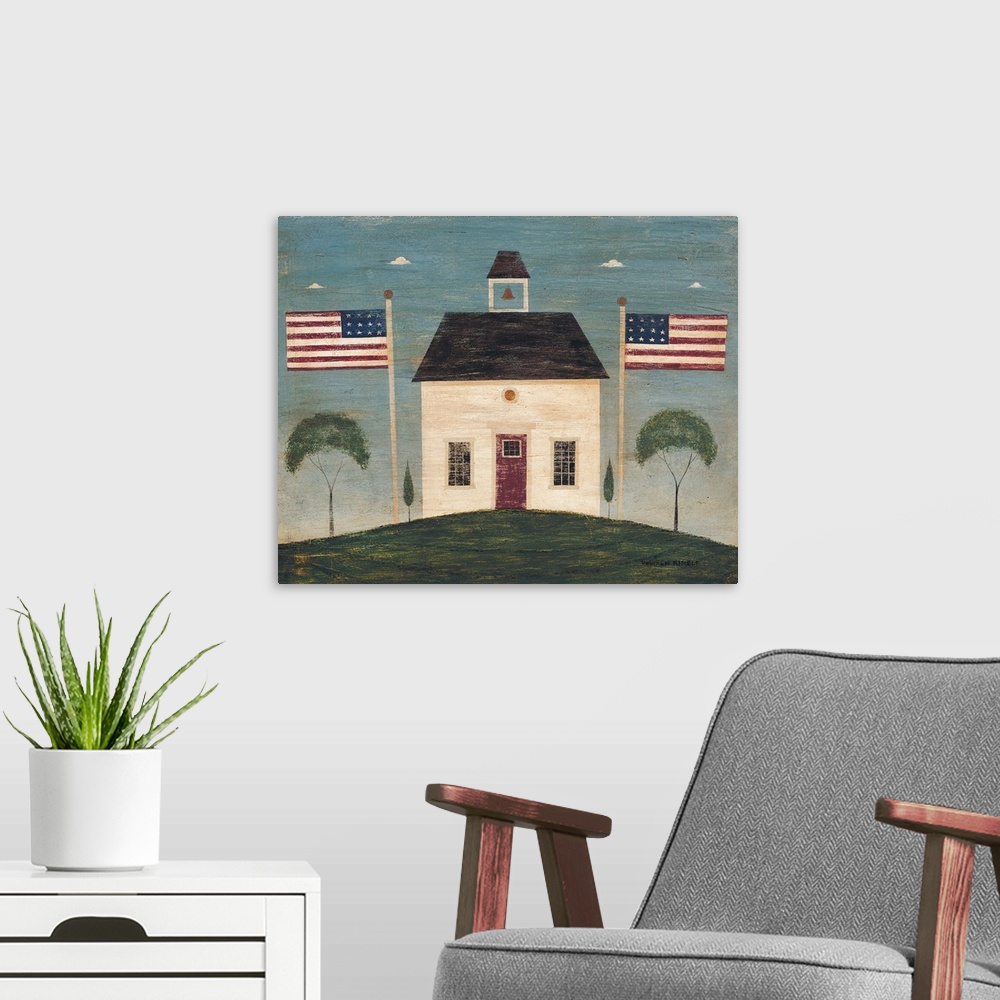 A modern room featuring Landscape folk art on a large wall hanging of a small school house on a hill, a mirror image on e...