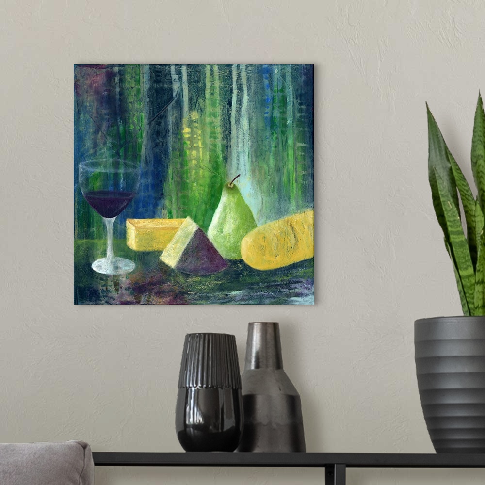 A modern room featuring Abstract wine tableau offers a unique take on a popular theme
