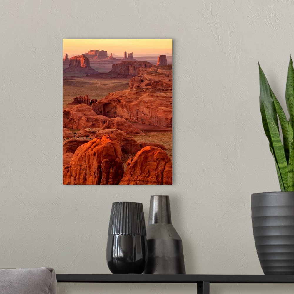 A modern room featuring USA, Arizona, Monument Valley Navajo Tribal Park, Sunset view from Hunt's Mesa