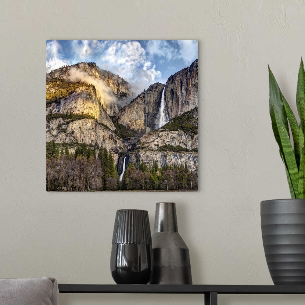 A modern room featuring USA, California, Yosemite National Park, Upper and Lower Yosemite Falls at sunrise