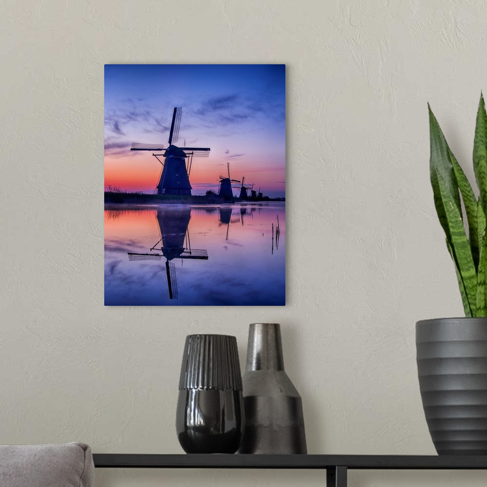A modern room featuring Europe, Netherlands, Kinderdijk, Sunrise along the canal with Windmills.