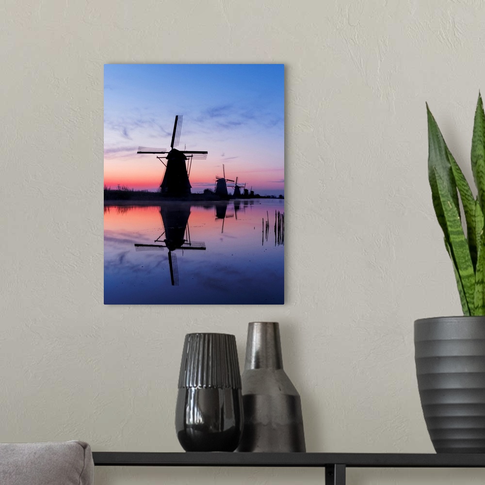 A modern room featuring Europe, Netherlands, Kinderdijk, Windmills at Sunrise along the canals of Kinderdijk.