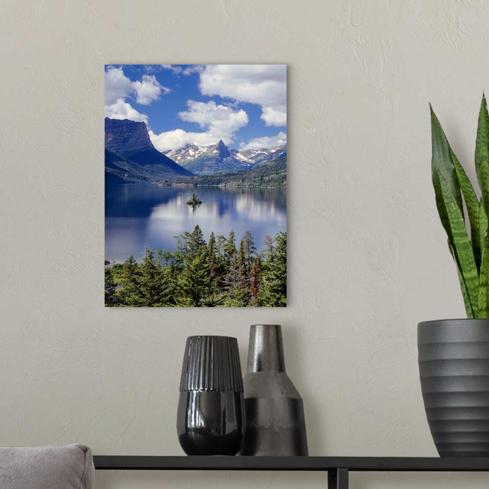 A modern room featuring USA, Montana, Glacier National Park, Cumulus clouds drift over Saint Mary Lake and Wild Goose Isl...