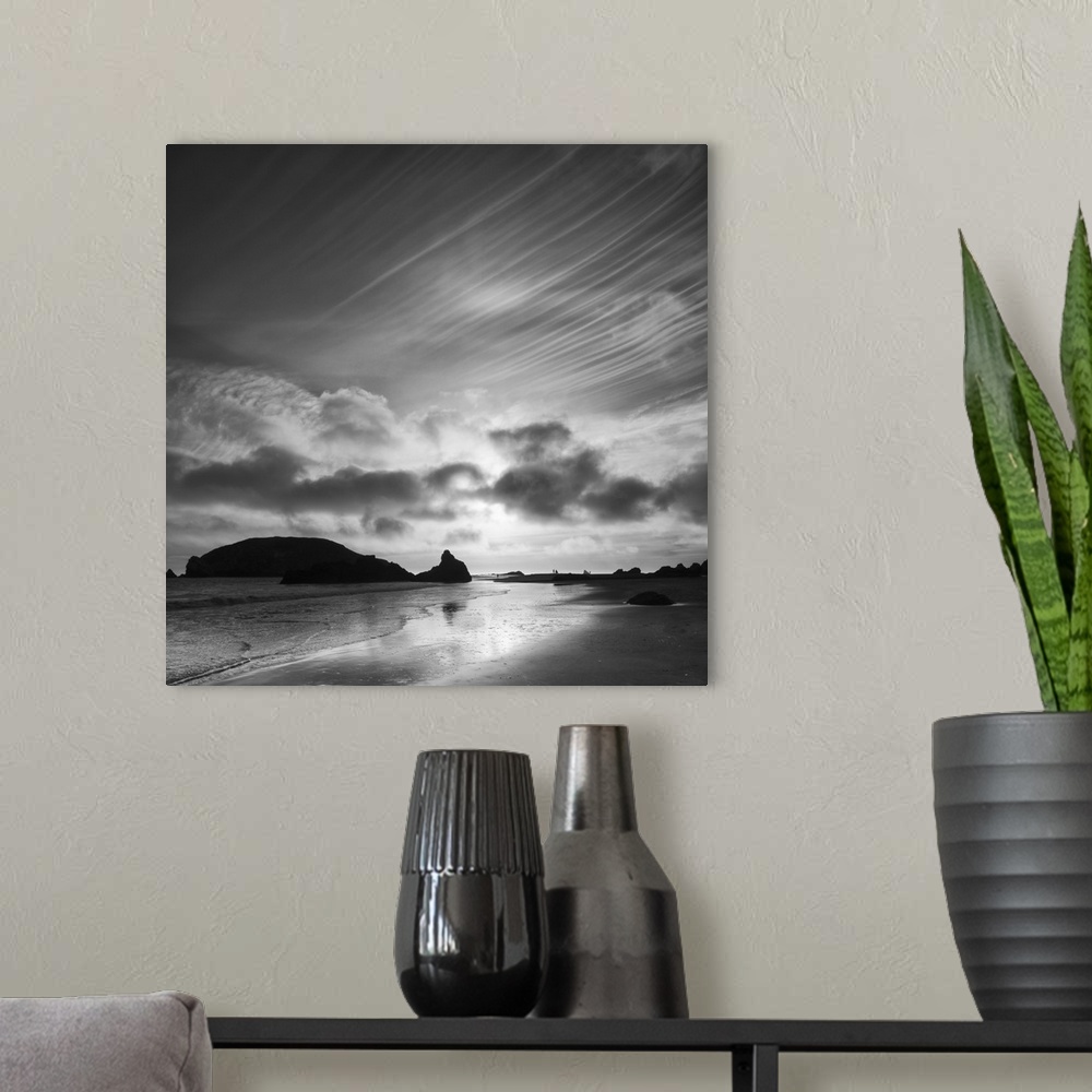 A modern room featuring North America, USA, Oregon, Harris Beach State Park.  Black and white image of sunset at ocean lo...