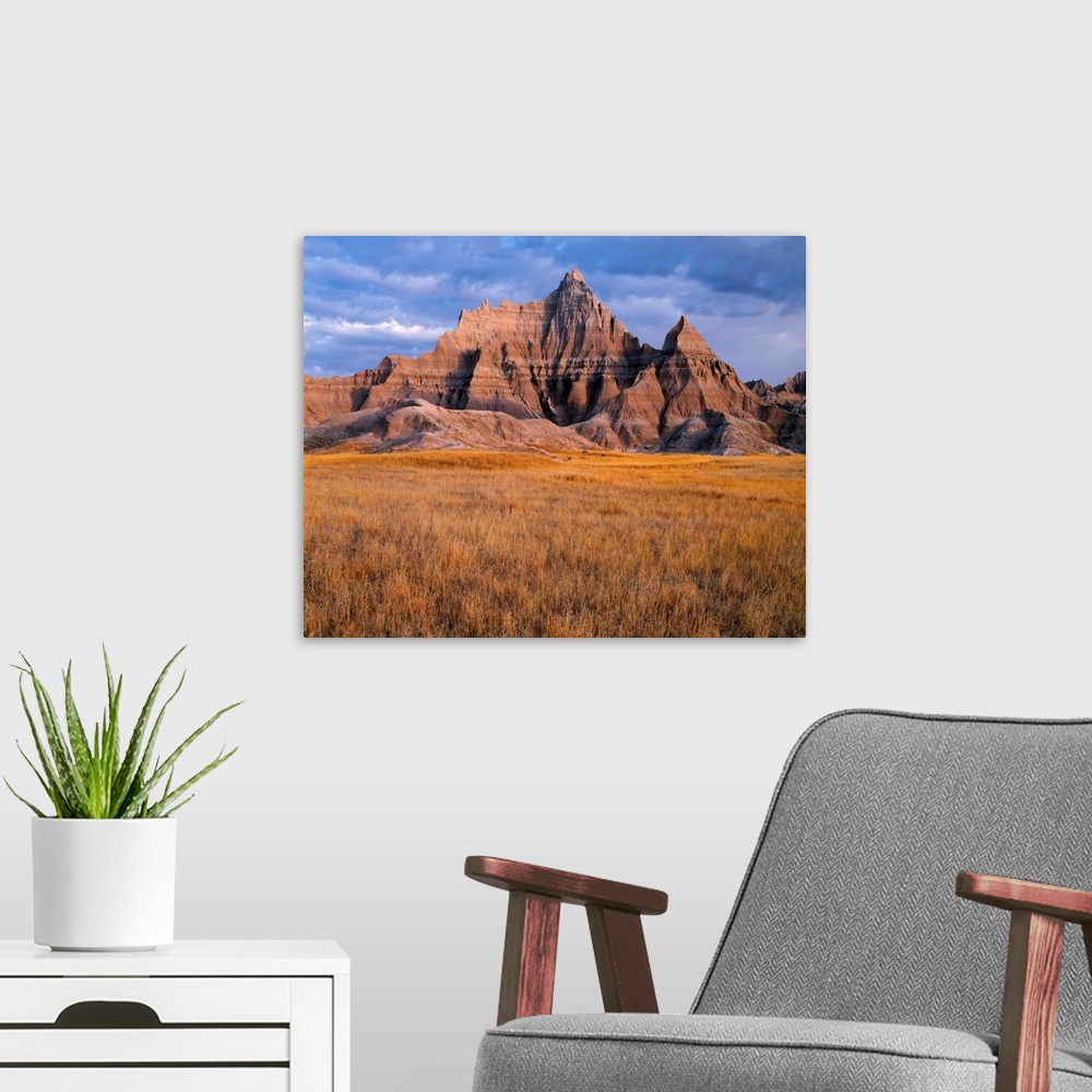 A modern room featuring USA, South Dakota, Badlands National Park, North Unit, Storm clouds over Vampire Peak and autumn ...