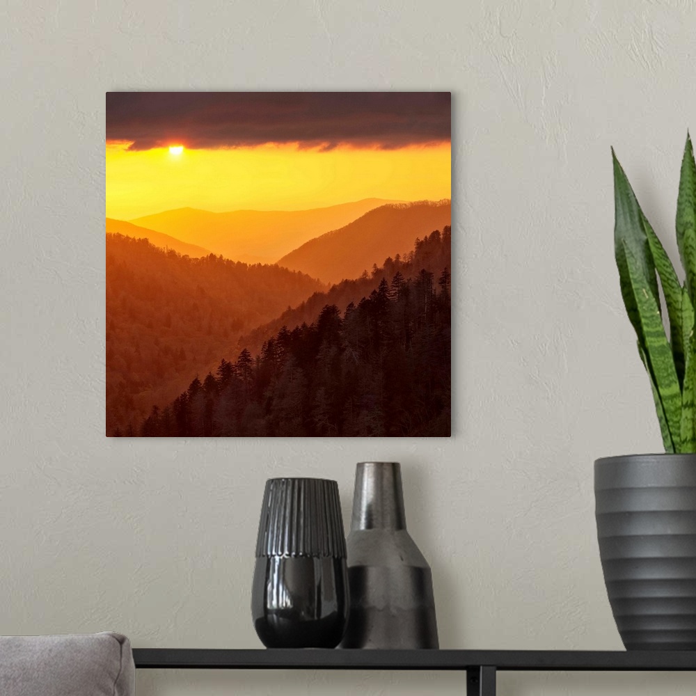 A modern room featuring USA, Tennessee, Great Smoky Mountains National Park, Sunset light reflected by clouds fills valle...