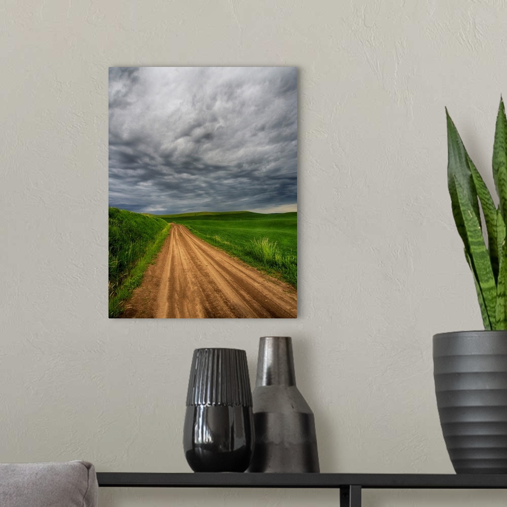 A modern room featuring North America, USA, Washington, Palouse Country, Stormy Day Traveling through Country Backroad