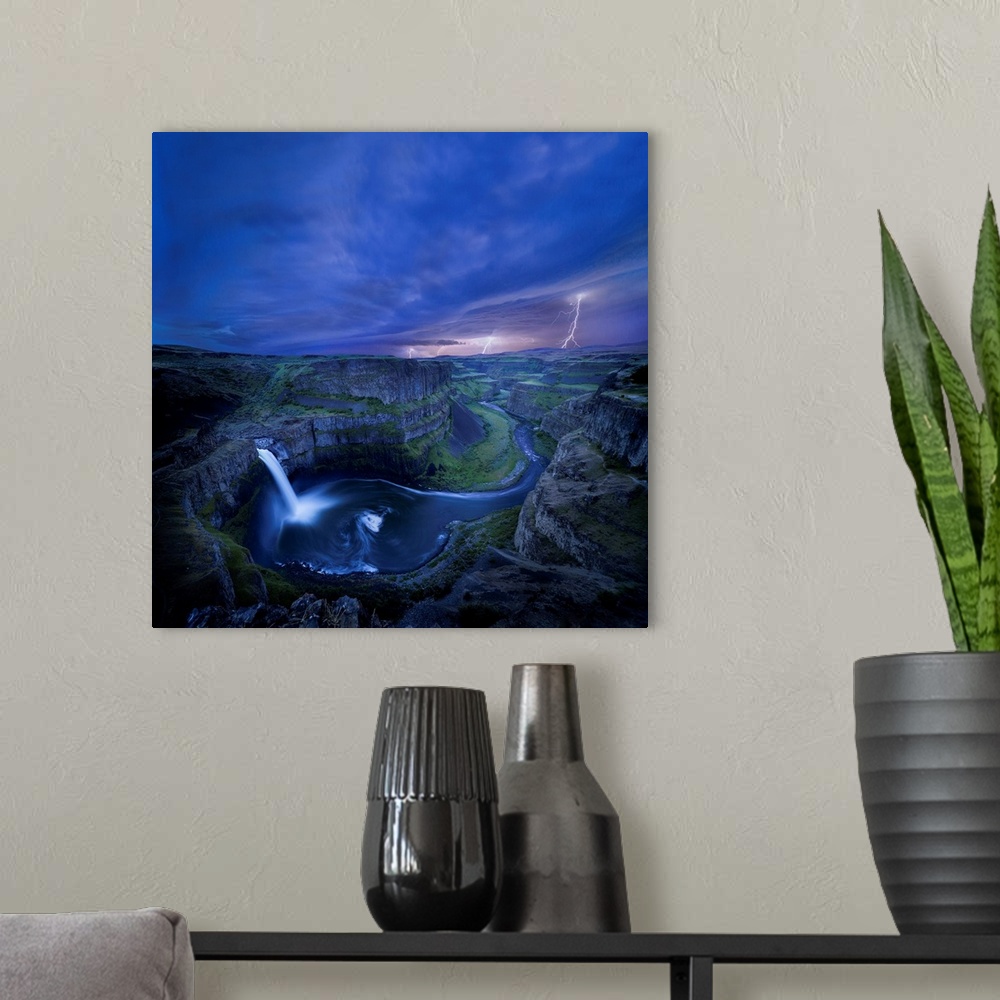 A modern room featuring USA. Washington State. Palouse Falls at dusk with an approaching lightning storm, at Palouse Fall...
