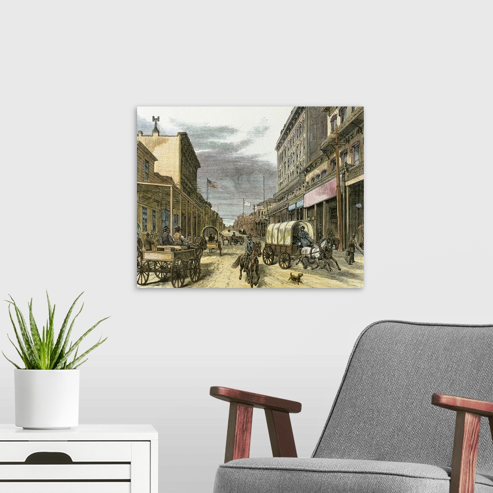 A modern room featuring Virginia City in 1870. Main street. United States. Engraving.