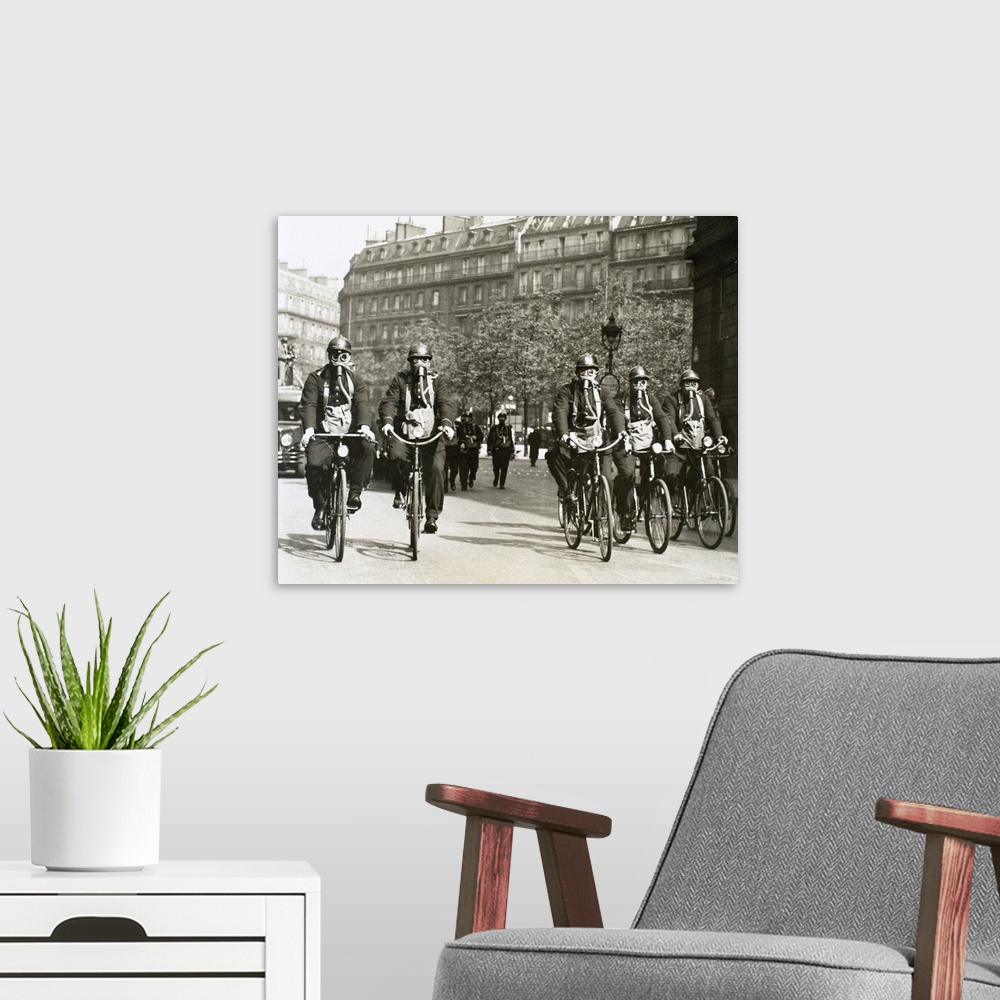 A modern room featuring World War I (1914-1918). German air raid alert. French police officers patrolling the streets of ...