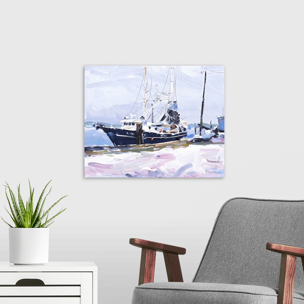 A modern room featuring A contemporary painting of a fishing boat docked in a harbor.